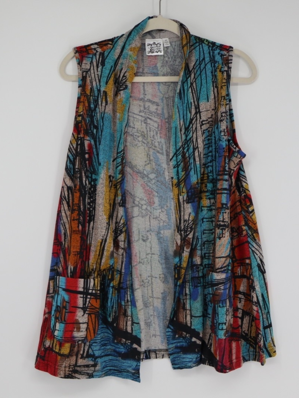 Parsley& Sage Abstract City Print Vest Art Wear Bohemian Colorful Layering M